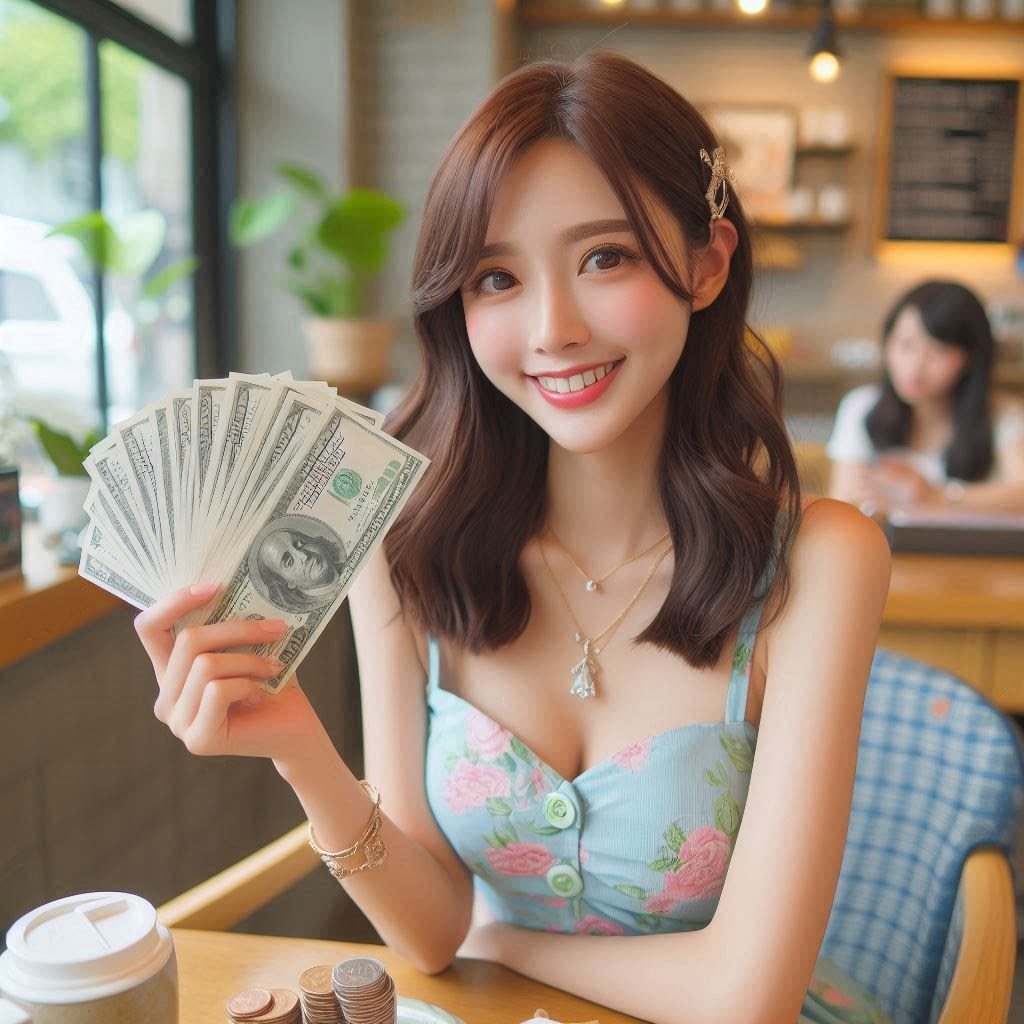 女生在咖啡店拿著一疊美金微笑的示意圖