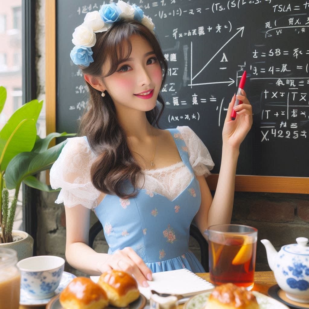 女生在寫滿算式的黑板前拿著筆講解的示意圖