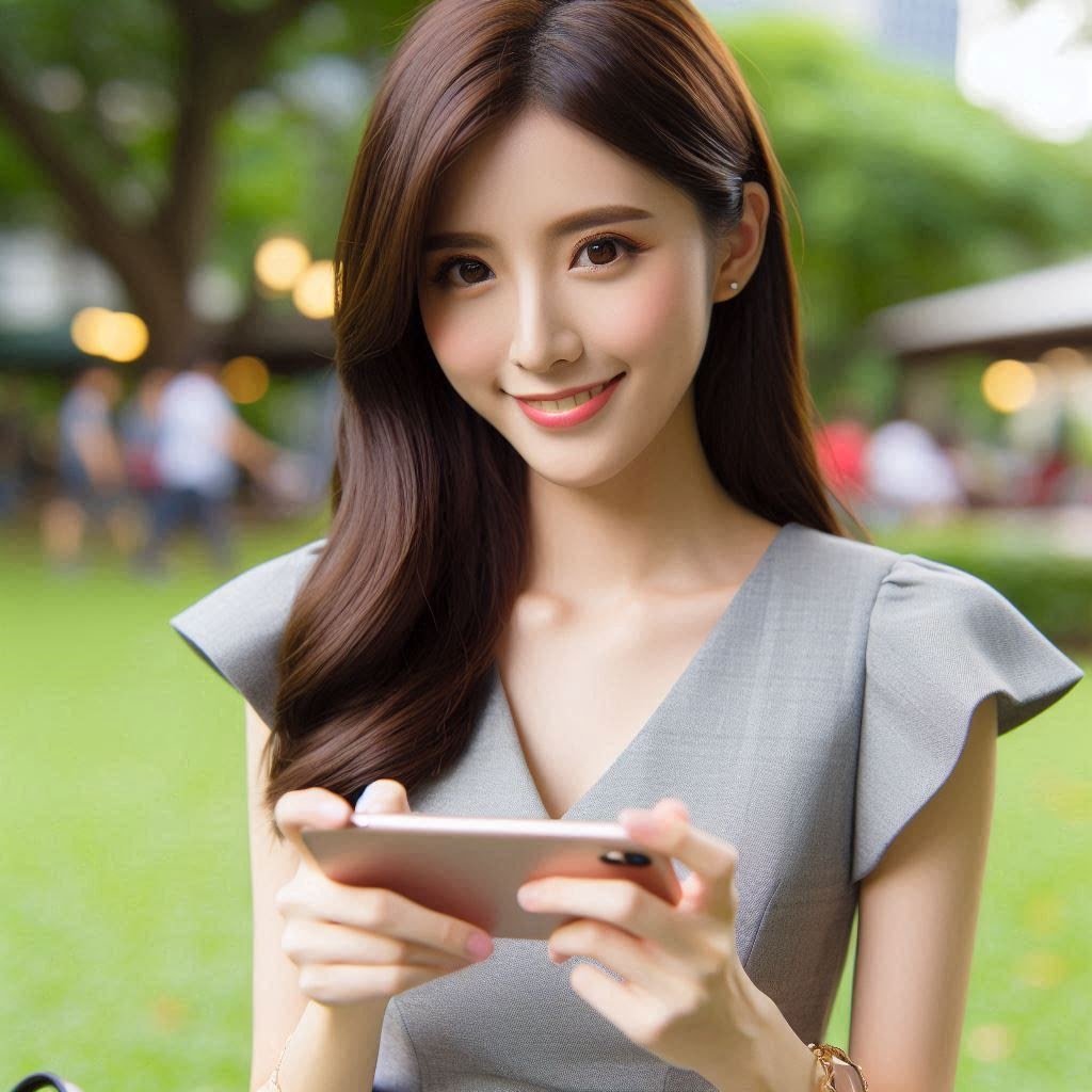 在公園草地上拿著手機微笑的女子示意圖