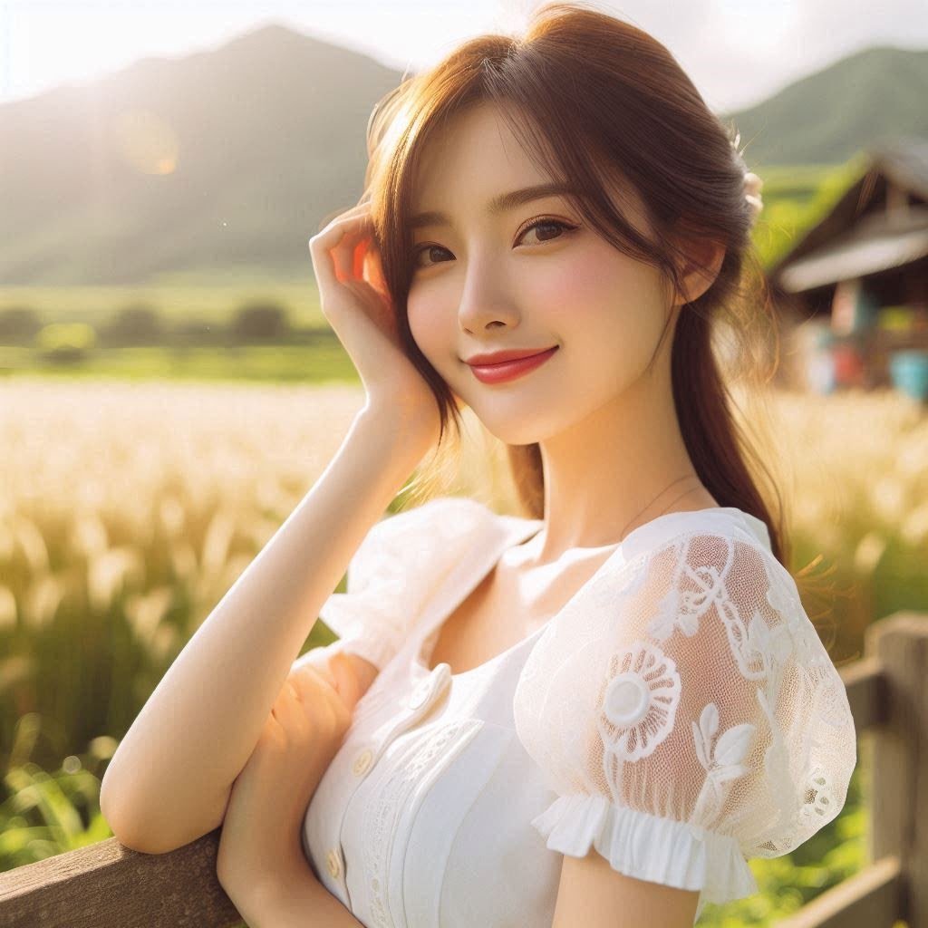 在田野柵欄旁撥著頭髮微笑的女子示意圖