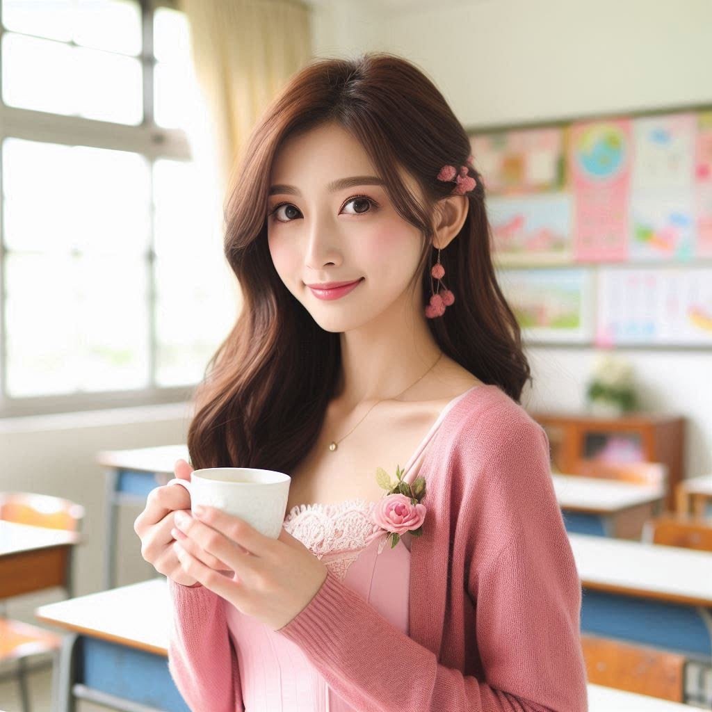 在教室裡捧著馬克杯微笑的女子示意圖