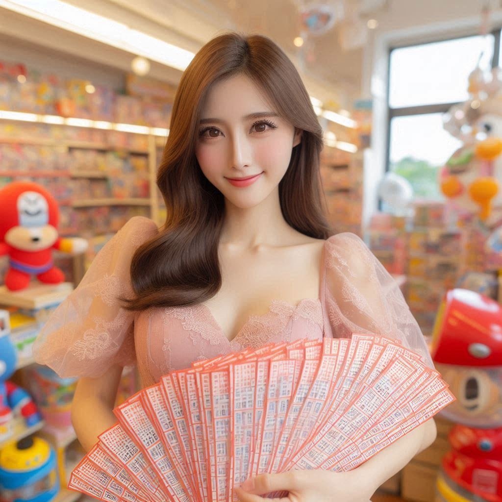 在遊樂場拿著一大疊彩票微笑的女子示意圖