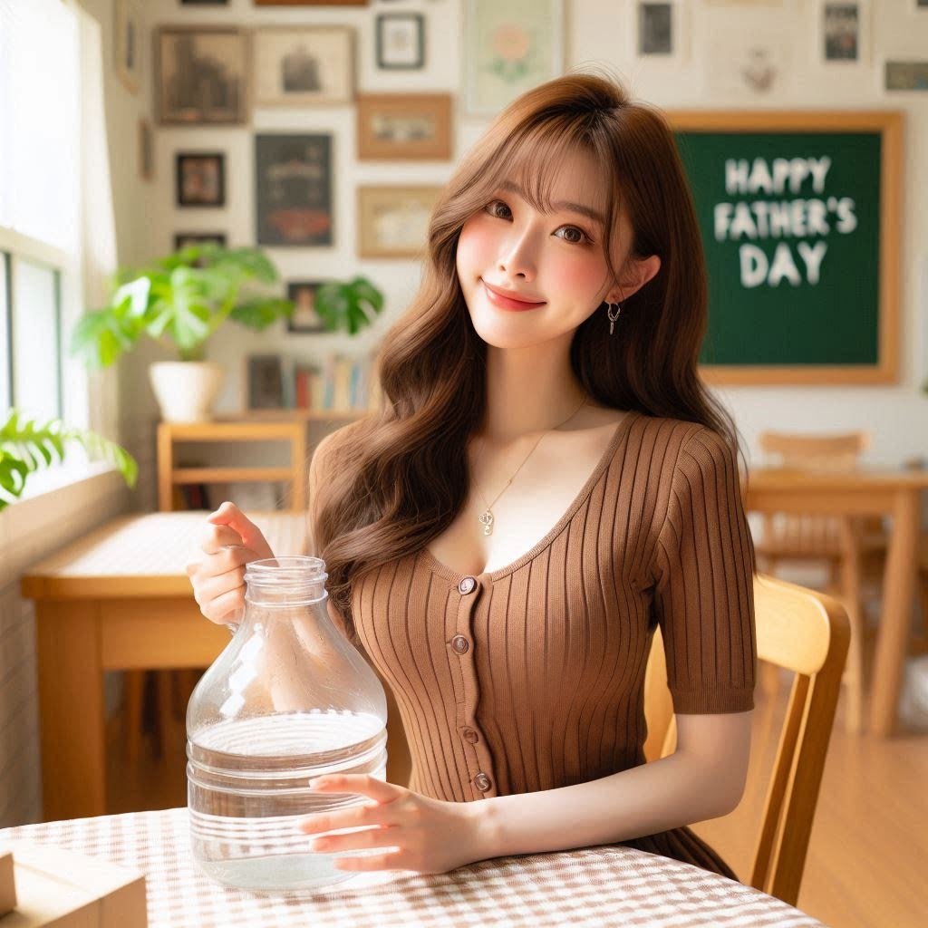 在寫著Happy Father's Day的黑板前扶著水壺微笑的女子示意圖