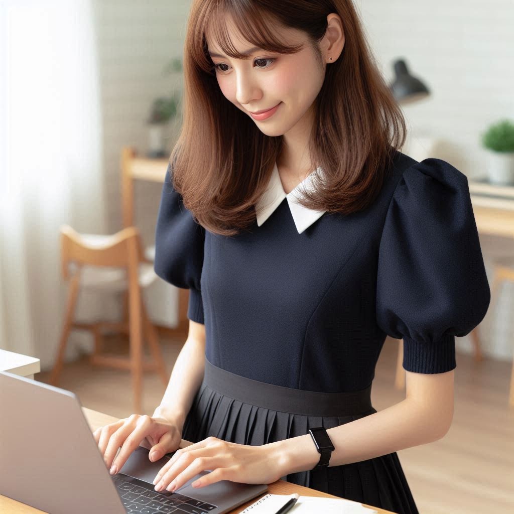 在桌前使用筆電的深藍洋裝女子插圖