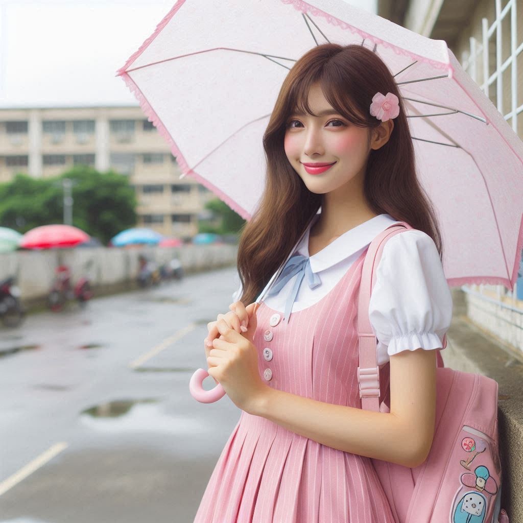 撐著粉紅雨傘微笑的女子插圖