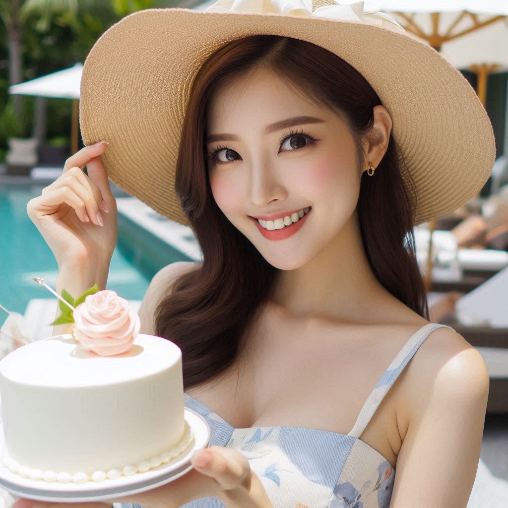 戴著草帽捧著蛋糕微笑的女子插圖