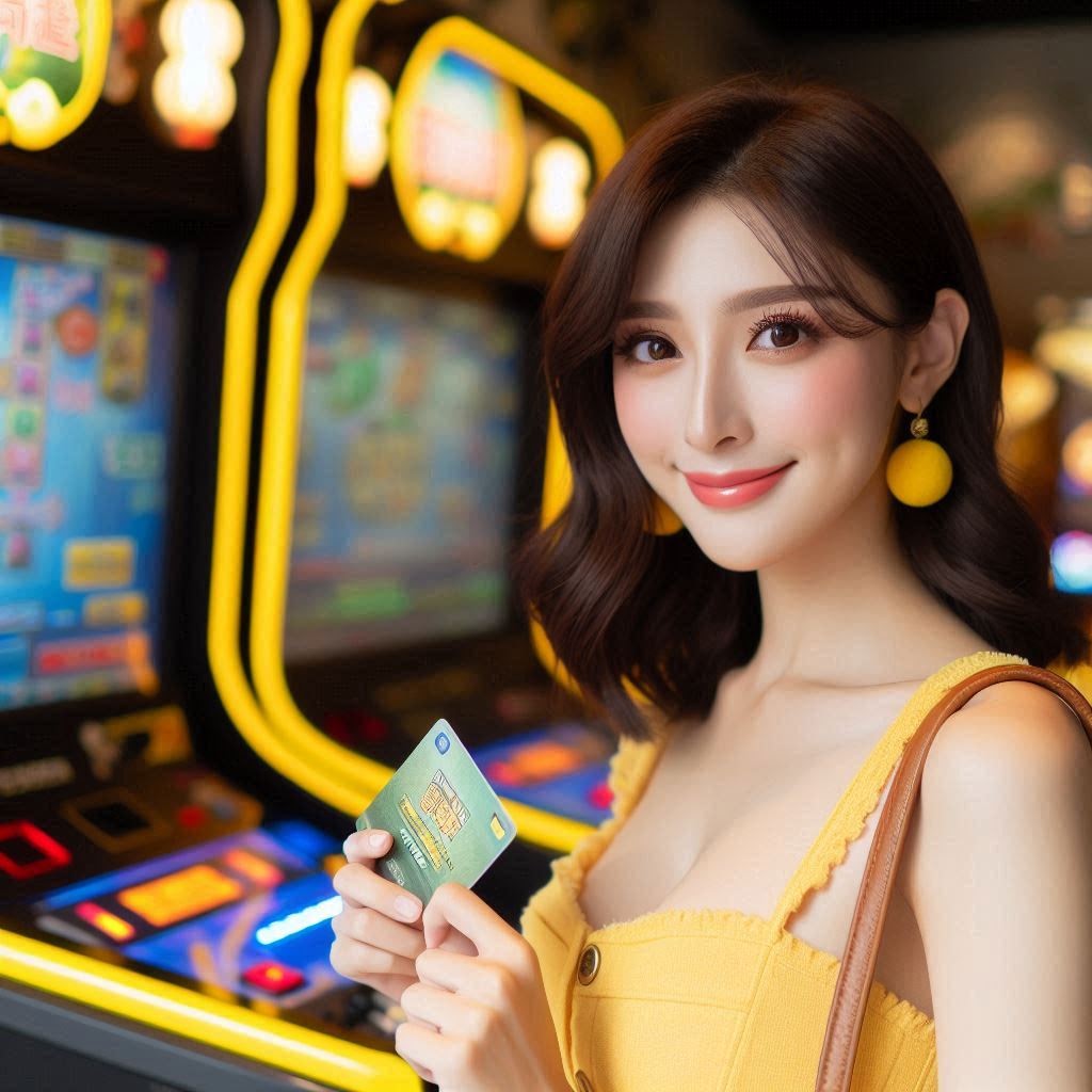 在遊戲機台前拿著卡片微笑的女子插圖