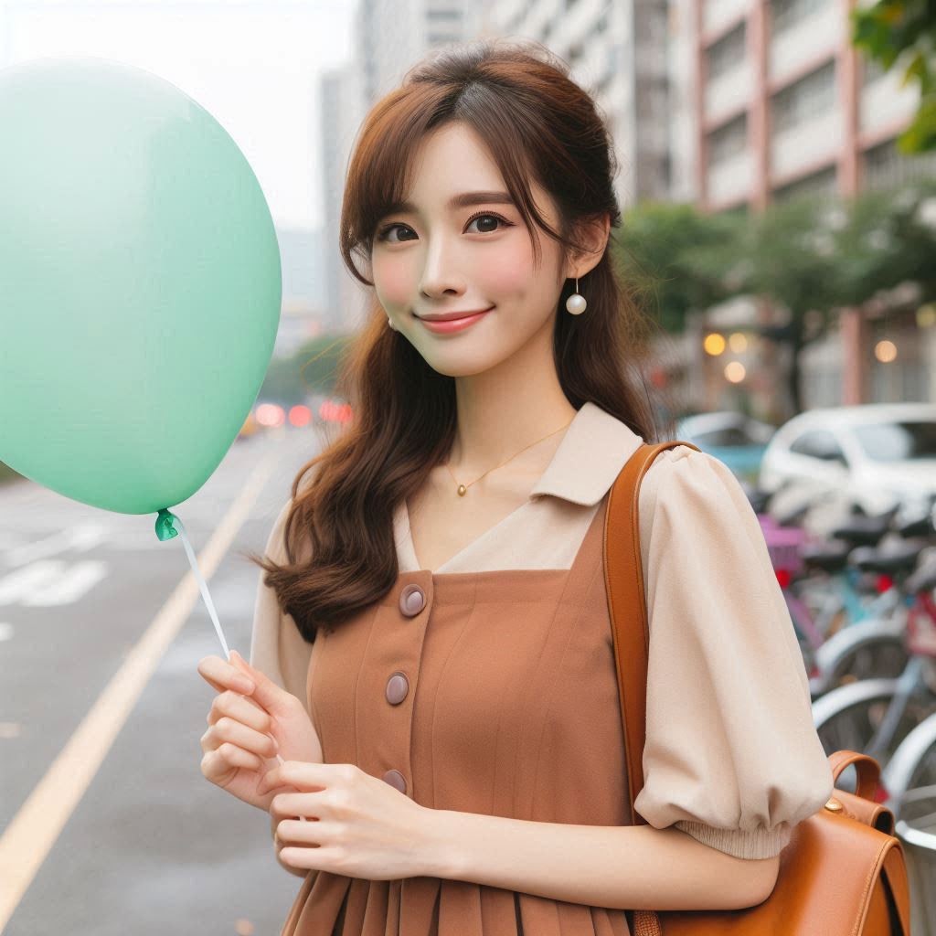 在街邊拿著綠色氣球微笑的女子插圖