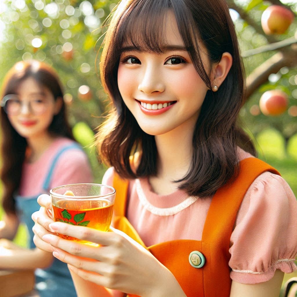 在果園裡端著茶杯微笑的女孩插圖