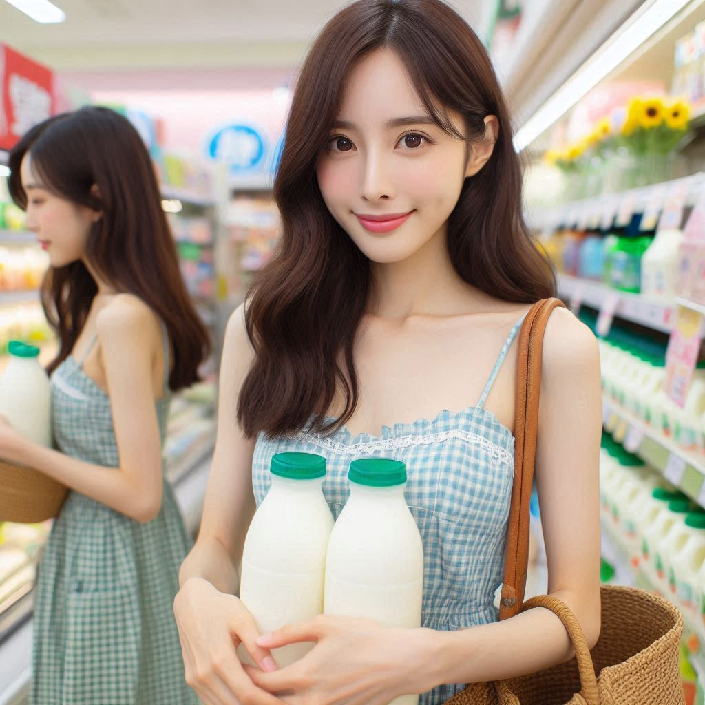 在超市抱著兩瓶鮮奶的女子插圖