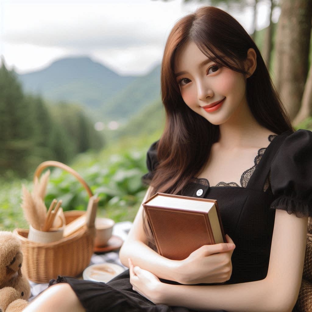 在山間抱著書本微笑的女子插圖